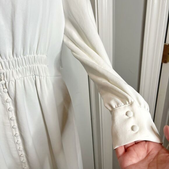 Zara Midi V Neck Button Down Front Smocked Polyester Textured Long Sleeve Dress - Picture 9 of 15